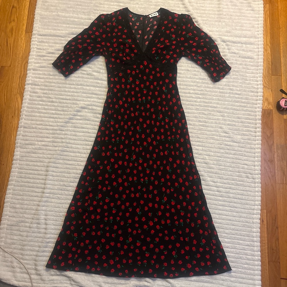 RIXO Black Maxi Dress with Red Rose Print